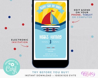 Birthday Party Evite, Phone Invitation, Nautical Birthday Invitation, Navy Party, Boat Party, Ahoy Birthday, Sailor Invitation