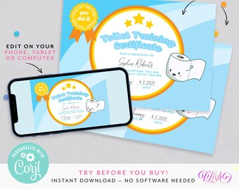 Potty Training Certificate, Potty Training Chart, Printable Potty Reward, Blue Toilet Training