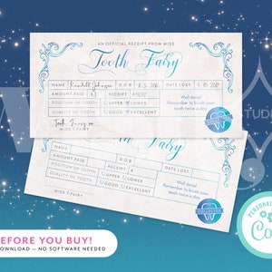 Tooth Fairy Receipt, Tooth Fairy Letter, Lost tooth gift, Blue Tooth Certificate, Printable Corjl Template