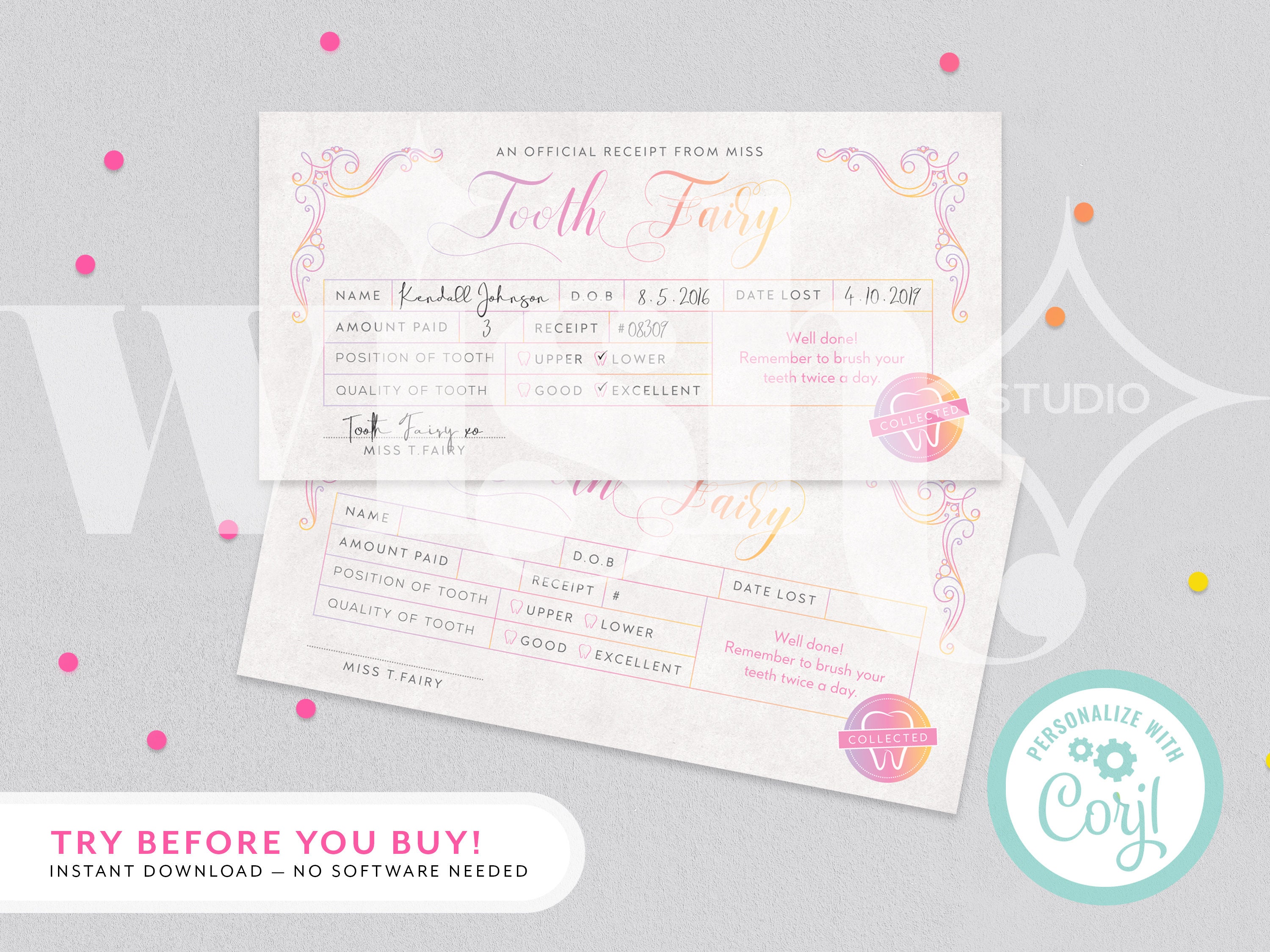 Printable Tooth Fairy Receipt for lost tooth gift, Pink Tooth Fairy L…