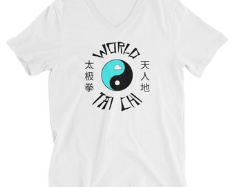World Tai Chi  - White Unisex V-Neck Short Sleeve T-Shirt - Global Moving Meditation