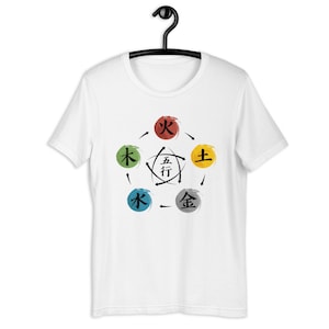 May include: White t-shirt with a graphic of the five elements of Wu Xing: wood, fire, earth, metal, and water. The elements are represented by circles with Chinese characters and arrows showing the cyclical relationship between them.