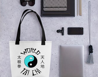 World Tai Chi Tote Bag with Yin Yang and Happy Cloud in Sky Blue and Black on a White Polyester Bag