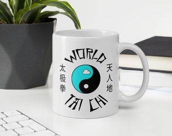 World Tai Chi Coffee Mug - White with Blue Cloud Yin Yang Design