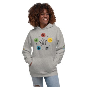 May include: A gray hoodie with a five-element symbol printed on the front. The symbol is a circle with five elements: fire, earth, metal, water, and wood. The elements are arranged in a circle with arrows showing the flow of energy between them. The text "五行" is written in the center of the circle.