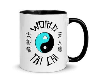 World Tai Chi Coffee Mug - Inside Color - White with Blue Cloud Yin Yang Design