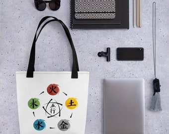 Qigong Five Element Theory Tote Bag - White with Black Red or Yellow Cotton Handles