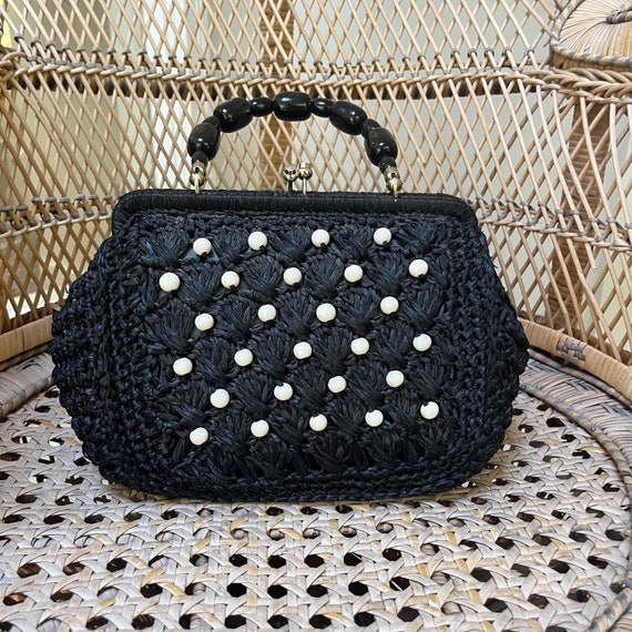 Stein Black Raffia Beaded Handbag 70s - image 2