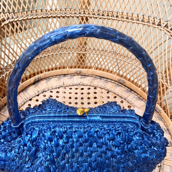 Royal Blue Raffia Gold Clasp Handbag Purse - Gem