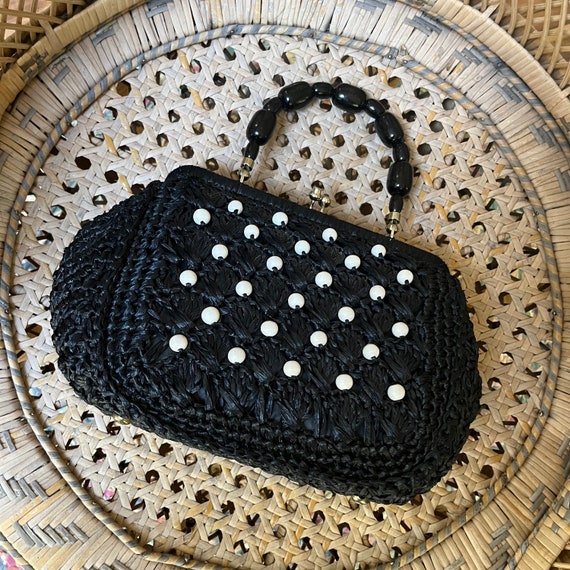 Stein Black Raffia Beaded Handbag 70s - image 5