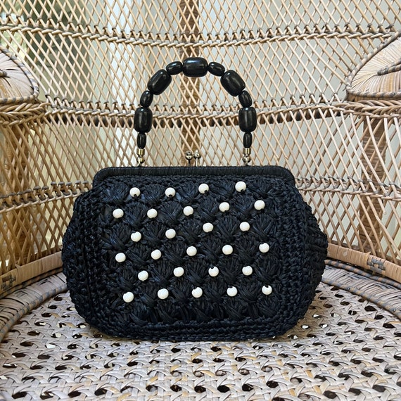 Stein Black Raffia Beaded Handbag 70s - image 1