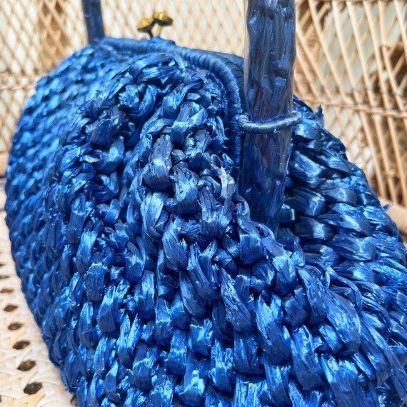 Royal Blue Raffia Gold Clasp Handbag Purse - Gem