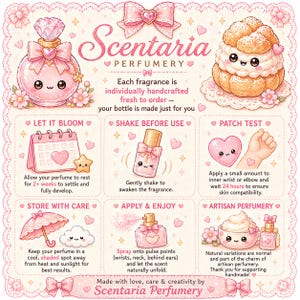 May include: A pink and white illustrated advertisement for Scentaria Perfumery. The image features a perfume bottle, a pastry, and instructions for use. Text includes "Let it Bloom," "Shake Before Use," and "Apply & Enjoy."