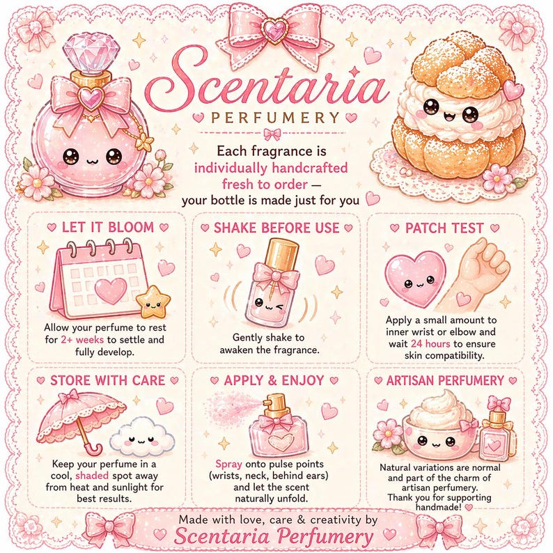 May include: A pink and white illustrated advertisement for Scentaria Perfumery. The image features a perfume bottle, a pastry, and instructions for use. Text includes "Let it Bloom," "Shake Before Use," and "Apply & Enjoy."