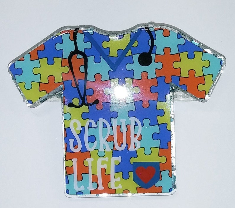 Scrub Top Badge Reel Autisms Glitter Custom Made