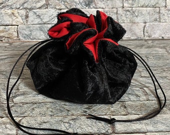 Dice Bag with 8 POCKETS Black and Crimson Crushed Velvet Large