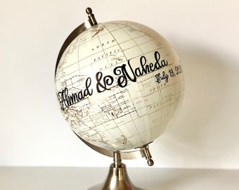 Libro de firmas de boda con globo terráqueo, letras a mano, decoración personalizada para fiestas con temática de viajes