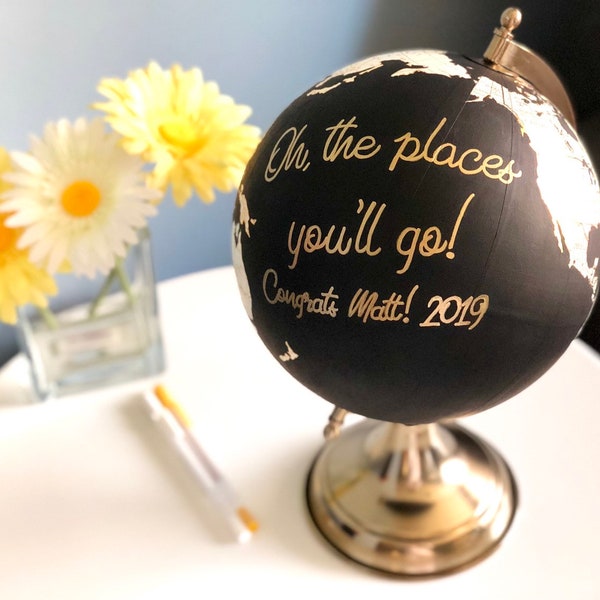 Graduation Party Decoration, Custom Globe Guest Book Sign In, Alternative Wedding Guestbook, Travel Theme Black and Gold Party Decoration