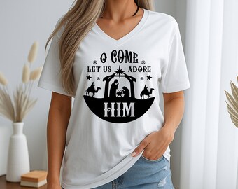 O Come Let Us Adore Him PNG, Christian Christmas Sticker, Faith Sublimation Design, Bible Verse Label, Nativity Scene Printable Art