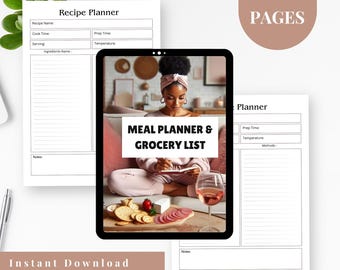 Printable Digital Feminine Meal Planner & Grocery List | Weekly Menu Organizer | Healthy Eating Planner PDF for Women