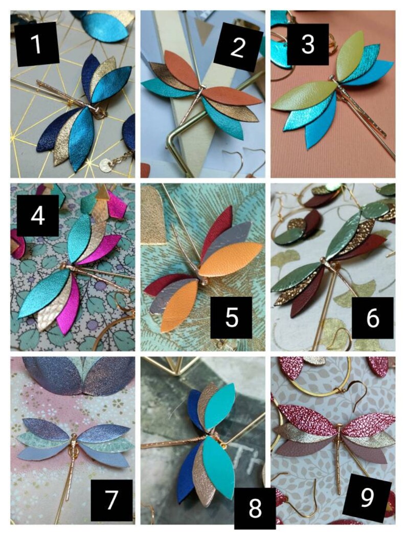 Broche libellule fait main en cuir et acier inoxydable. De multiples coloris disponibles image 10