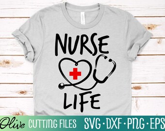 May include: A gray t-shirt with the text "NURSE LIFE" in black. A black and white stethoscope with a red heart and cross is above the text.