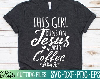May include: A dark gray t-shirt with the text "This girl runs on Jesus and coffee" in white lettering. The text is in a cursive font with a decorative flourish under the word "coffee".