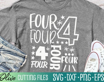 May include: A gray t-shirt with the text "FOUR FOUR 4 FOUR FOUR" in white. The number 4 is large and outlined in black. There are stars around the text.