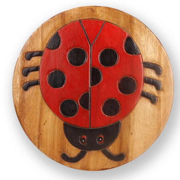 Children's stool wooden stool with animal motif ladybug painted and carved height 27 cm