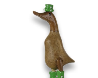 Wood duck made of bamboo root and teak wood with boots and hat green 25cm