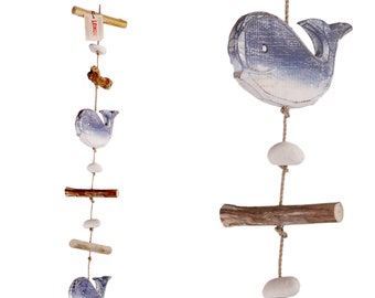 Driftwood wind chime garland decorated with natural stones and hand carved whales