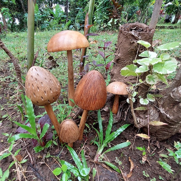 Champignons décoratifs en bois décoration de jardin piquet de jardin pour extérieur décoration d'automne 3 champignons 20 cm, 2 champignons 15 cm