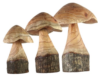 Set de décoration champignon en bois XL avec 3 champignons sculptés à la main de 35-30-25 cm de haut - pour balcon, terrasse, jardin