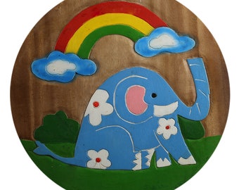 Tabouret enfant tabouret en bois avec motif animalier éléphant peint et sculpté Hextra grande assise Ø 30 cm Lxlxh = 30x30x27cm