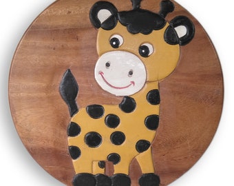 Children's stool wooden stool with animal motif giraffe painted and carved height 27 cm