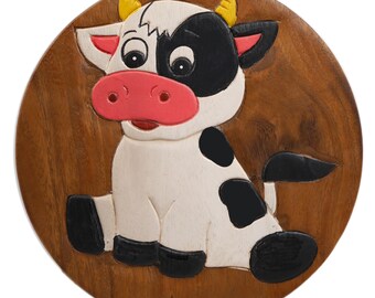 Children's stool wooden stool with animal motif colorful cow painted and carved height 27 cm