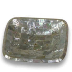 Soap dish made of mother of pearl shell patchwork square on feet mother of pearl 12 x 10 x 2 cm