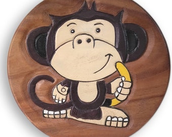 Children's stool wooden stool with animal motif monkey painted and carved height 27 cm