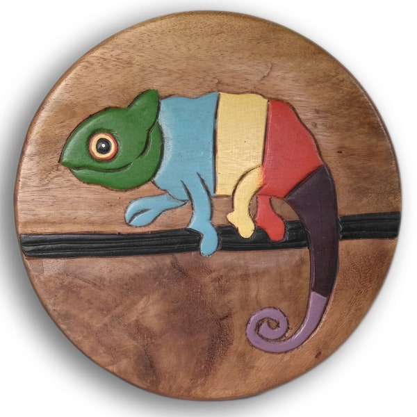 Children's stool wooden stool with animal motif Cameleon painted and carved height 27 cm