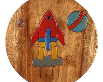 Children's stool wooden stool painted with rocket and carved height 27 cm