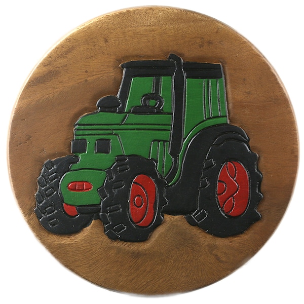 Children's stool wooden stool with tractor painted and carved height 27 cm