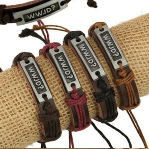 Inspiration Leather Bracelet WWJD WWJD? Charm Leather Adjustable Bangle Wristband Bracelet