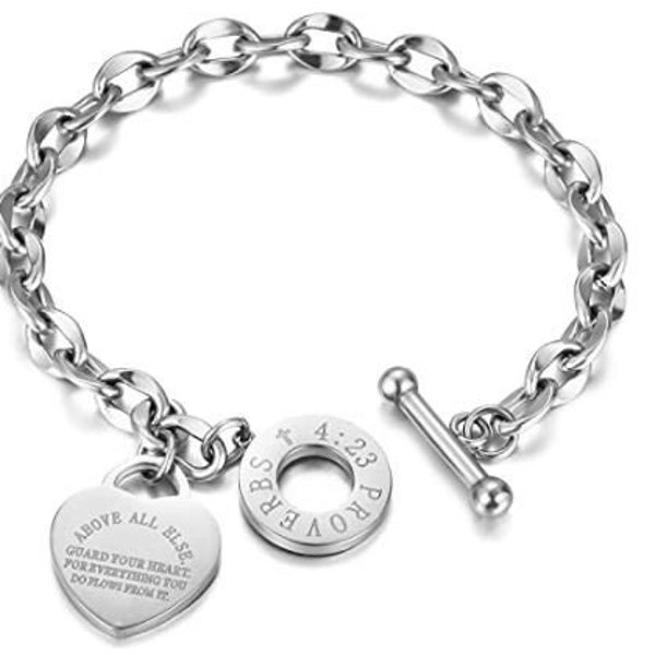 Ladies Girls Link Chain Clasp Engraved Heart Charm Bangle Wristband - Bible Verse Proverbs 4:23