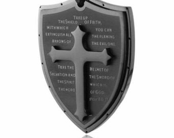 Men's Stainless Steel Armor of God Dog Tag Shield Cross Pendant Necklace Ephesians 6:16-17 (Includes 24" Chain)