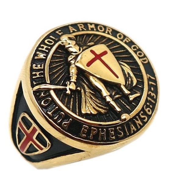 Armor of God Ring Stainless Steel Paul Ephesians 6 Cross Knight Gold - Graduation Class Ring Style