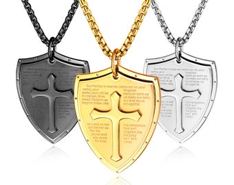 Armor of God Men's Stainless Steel Dog Tag Lord's Prayer Shield Cross Pendant Necklace (Includes 22" Chain)