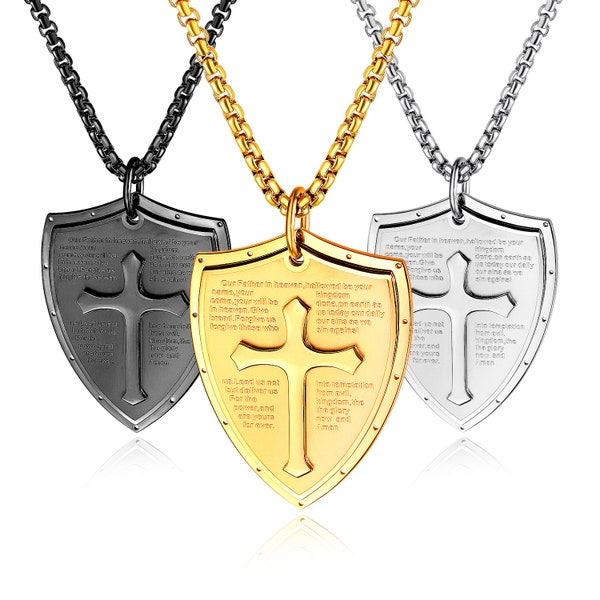 Armor of God Men's Stainless Steel Dog Tag Lord's Prayer Shield Cross Pendant Necklace (Includes 22" Chain)