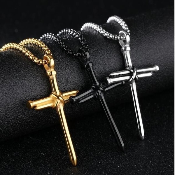 Stainless Steel Nail Cross Pendant Nail Cross Necklace (Includes 24" Chain)