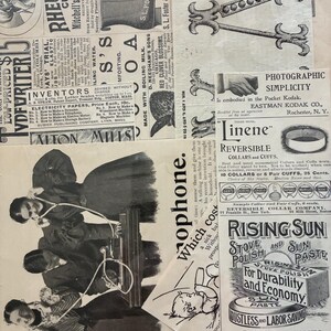 K&ouml;nnte beinhalten: Eine Collage aus Vintage-Anzeigen und Illustrationen. Das Bild enth&auml;lt Text wie "Rheumatic Cured", "Inventors" und "Rising Sun Stove Polish". Illustrationen von Personen und Objekten erzeugen eine nostalgische &Auml;sthetik.