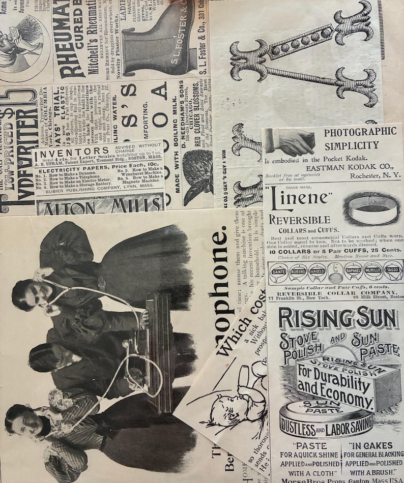 K&ouml;nnte beinhalten: Eine Collage aus Vintage-Anzeigen und Illustrationen. Das Bild enth&auml;lt Text wie "Rheumatic Cured", "Inventors" und "Rising Sun Stove Polish". Illustrationen von Personen und Objekten erzeugen eine nostalgische &Auml;sthetik.